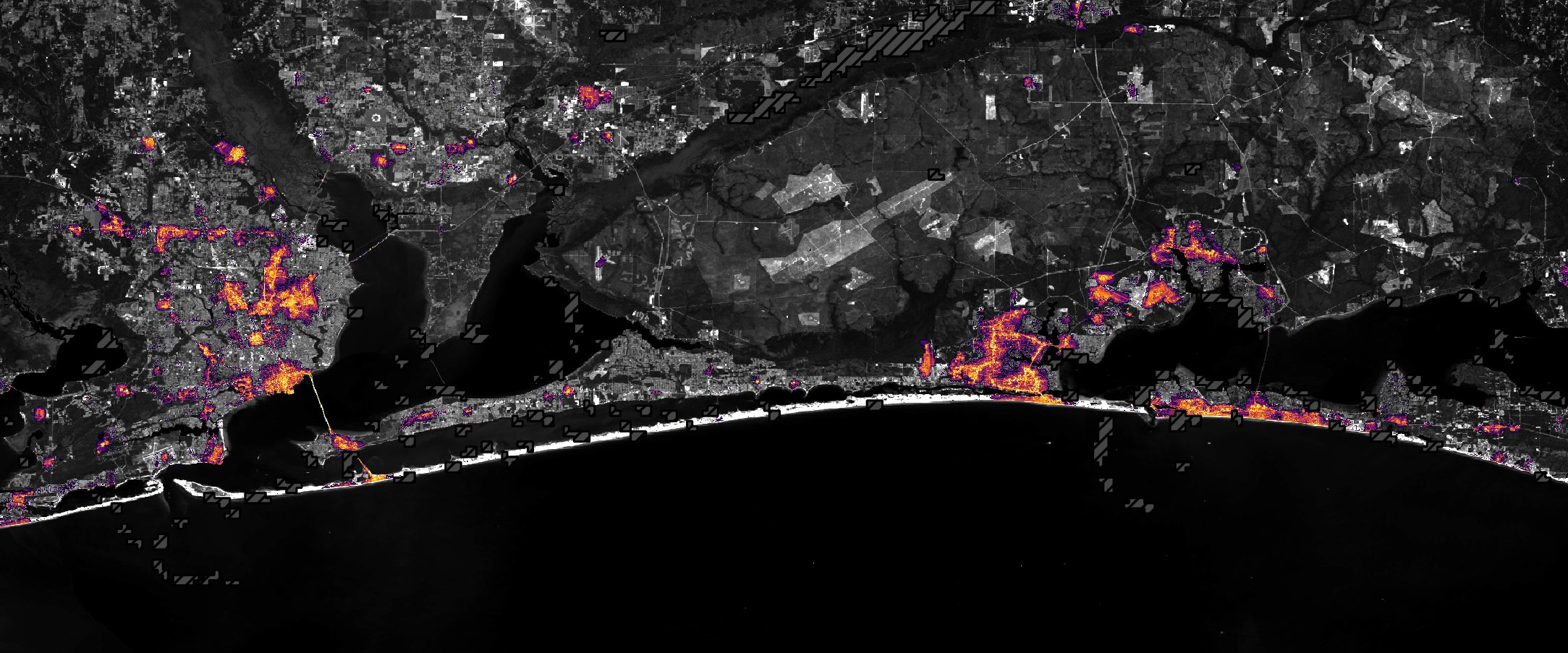 Satellite-derived nighttime lights along the Florida Panhandle on October 11, 2026. Hatched areas mark clouds that prevented observations, not confirmed outages.